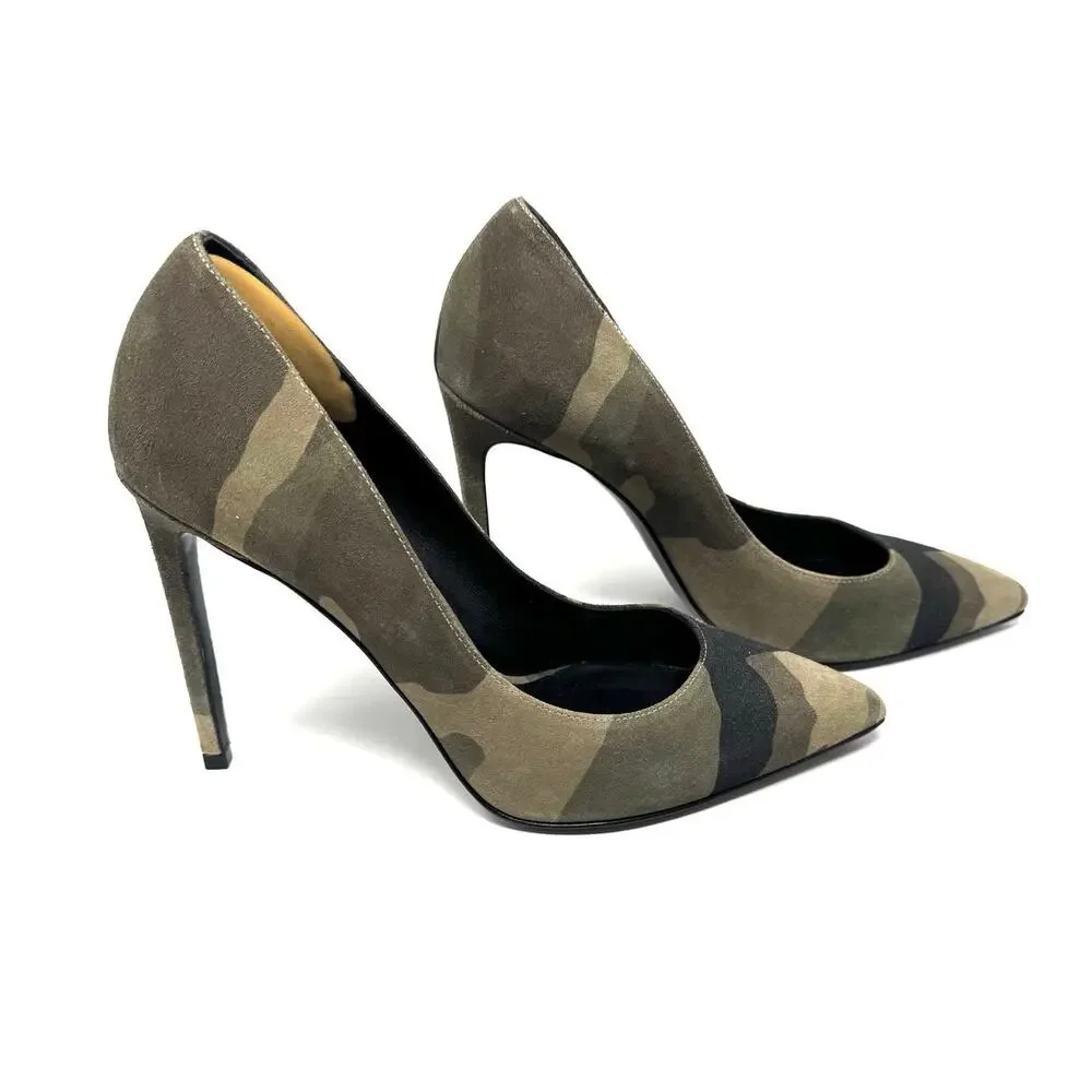Saint Laurent Camouflage Khaki Suede Pumps Heels Sz 37.5 Pointed Toe Stiletto - Picture 5 of 13